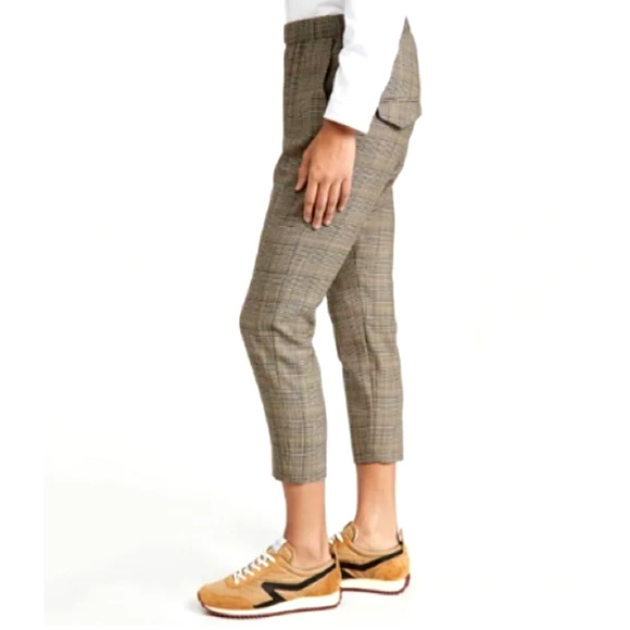 Nili Lotan 4 Elastic Waist Plaid Wool Delancy Dress Pants Cropped Gray Tan - Picture 14 of 16